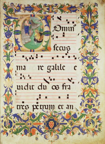 Missale 515 f.1r Seite mit Chormusik und einer historisierten Initiale 